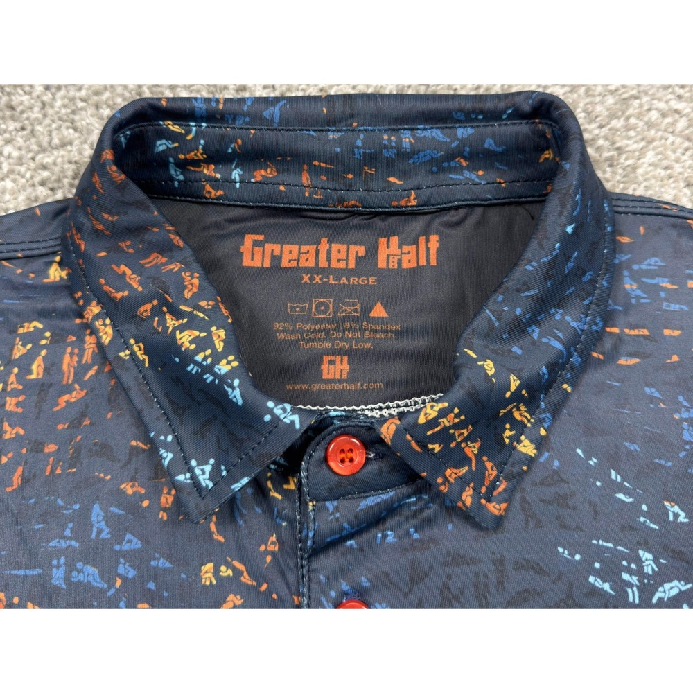 Greater Half Golf Polo Shirt Mens XXL Black Blue Orange Abstract Floral Stretch